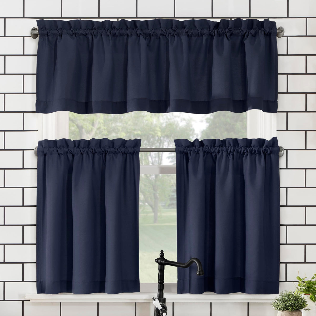 No. 918 Martine Microfiber Semi-Sheer Rod Pocket Kitchen Curtain Valance and Tiers Set, 54" x 36", Red