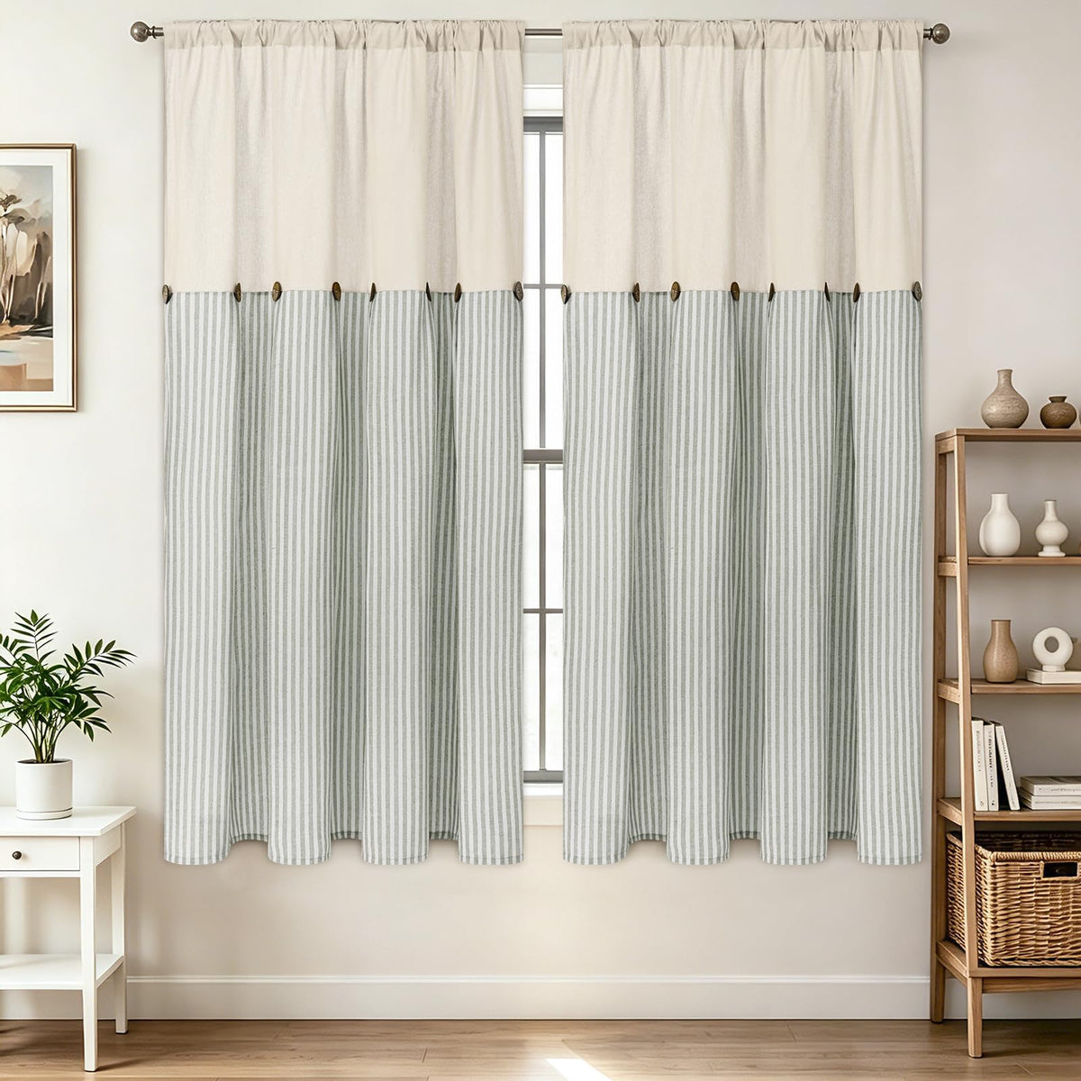 BLEUM CADE Farmhouse Kitchen Curtains 36 Inch, Cotton Linen Cafe Curtains with Rustic Buttons, Boho Small Window Curtains for Bathroom, Green Stripe Half Window Drapes Over Sink, 2 Panels