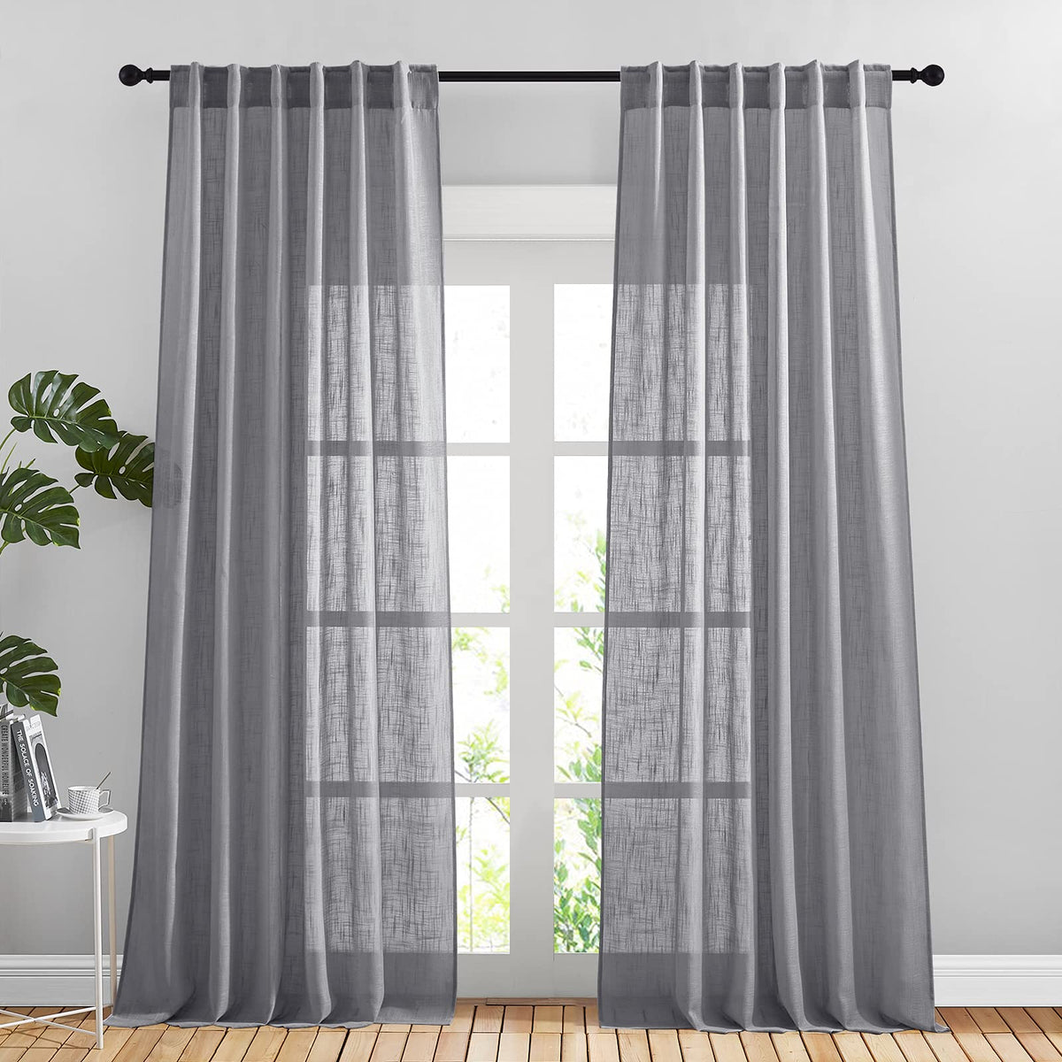 NICETOWN Natural Linen Kitchen Curtains 26 inches Long, Rod Pocket & Back Tab Semi Sheer Flax Window Treatments Rustic & Cute for Cafe/Kids Room, W37 x L26, 2 Panels