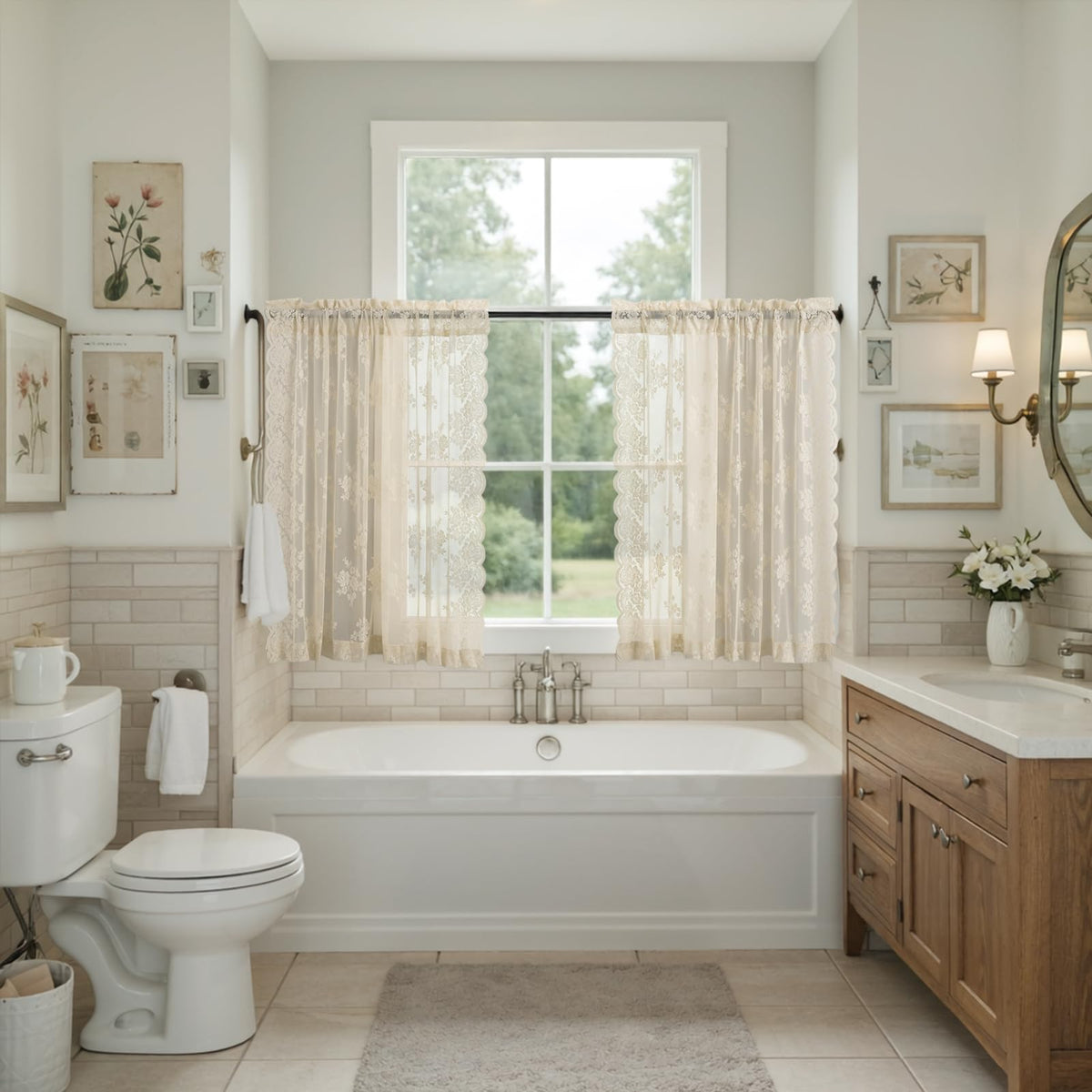 Kotile Short Beige Lace Curtains for Kitchen Windows W42xL45 Inch, 2 Panels