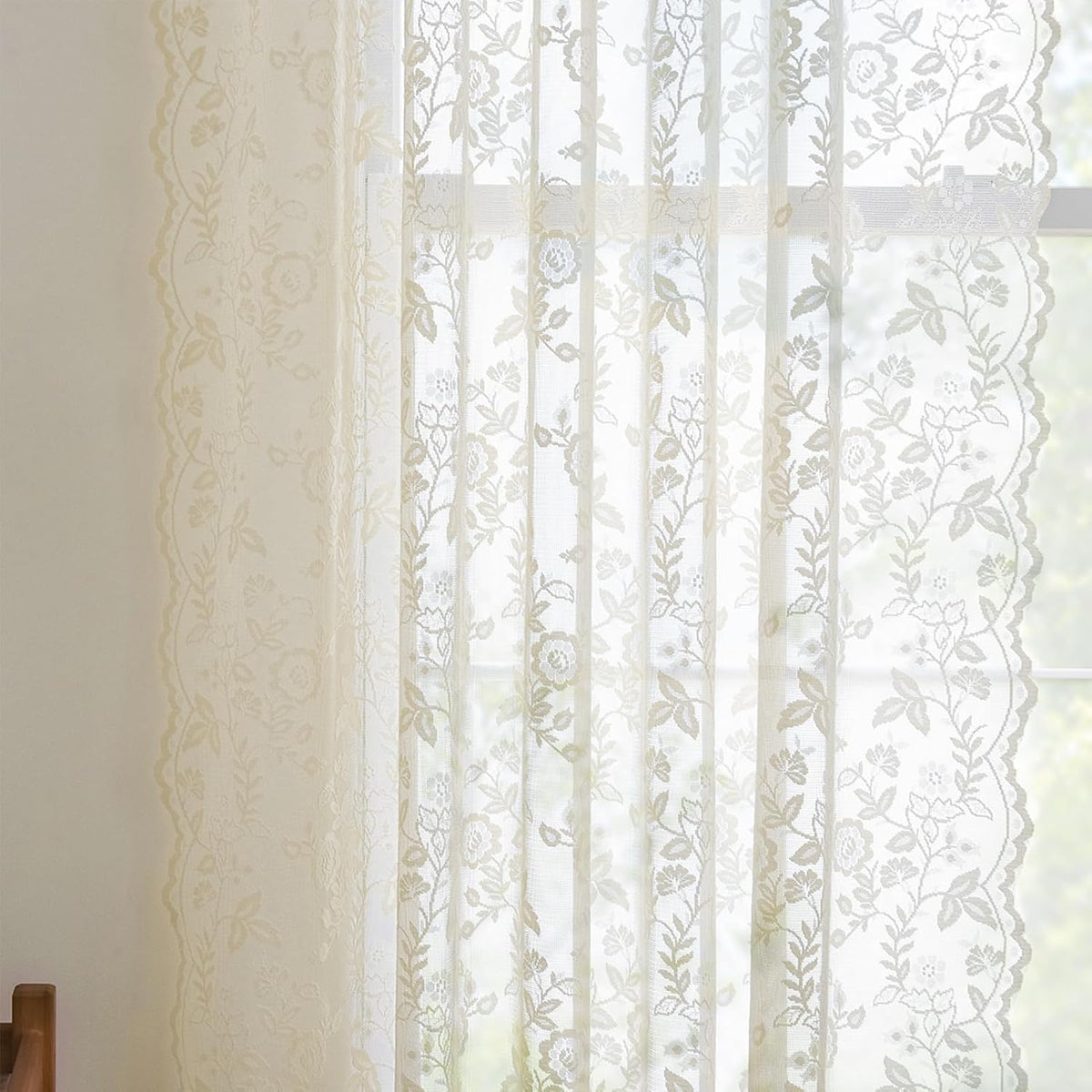 FINECITY Short Beige Lace Curtains Rustic Leaf Floral W42xL36 Inch 2 Panels