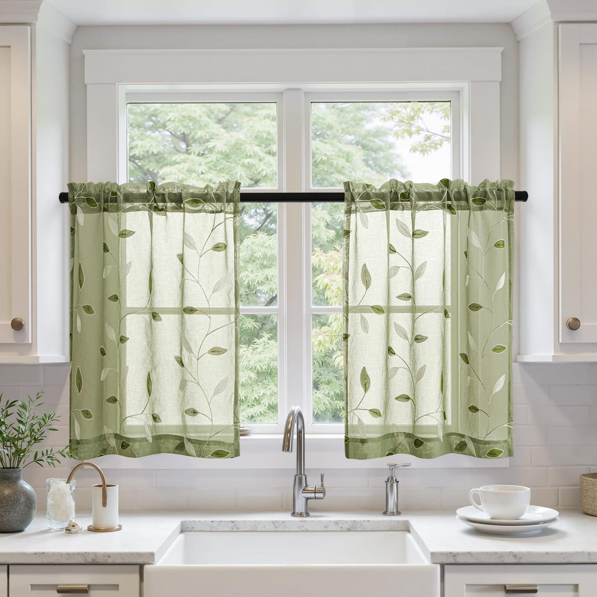 MIULEE Beige Sheer Curtains 2 Panels Embroidered Leaf Patterned, W52 x L63