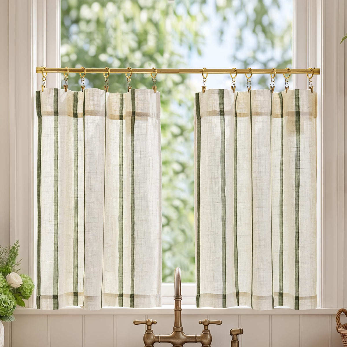 jinchan Linen Striped Tier Curtains for Kitchen Windows Farmhouse