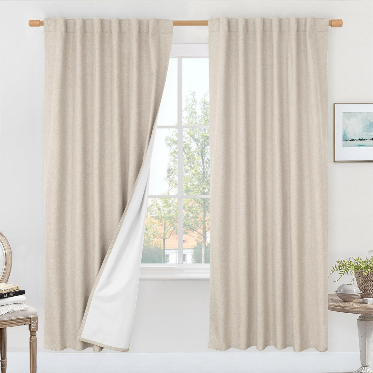 LAMIT Full Blackout Linen Kitchen Window Curtains 36 Inches Long, Ivory