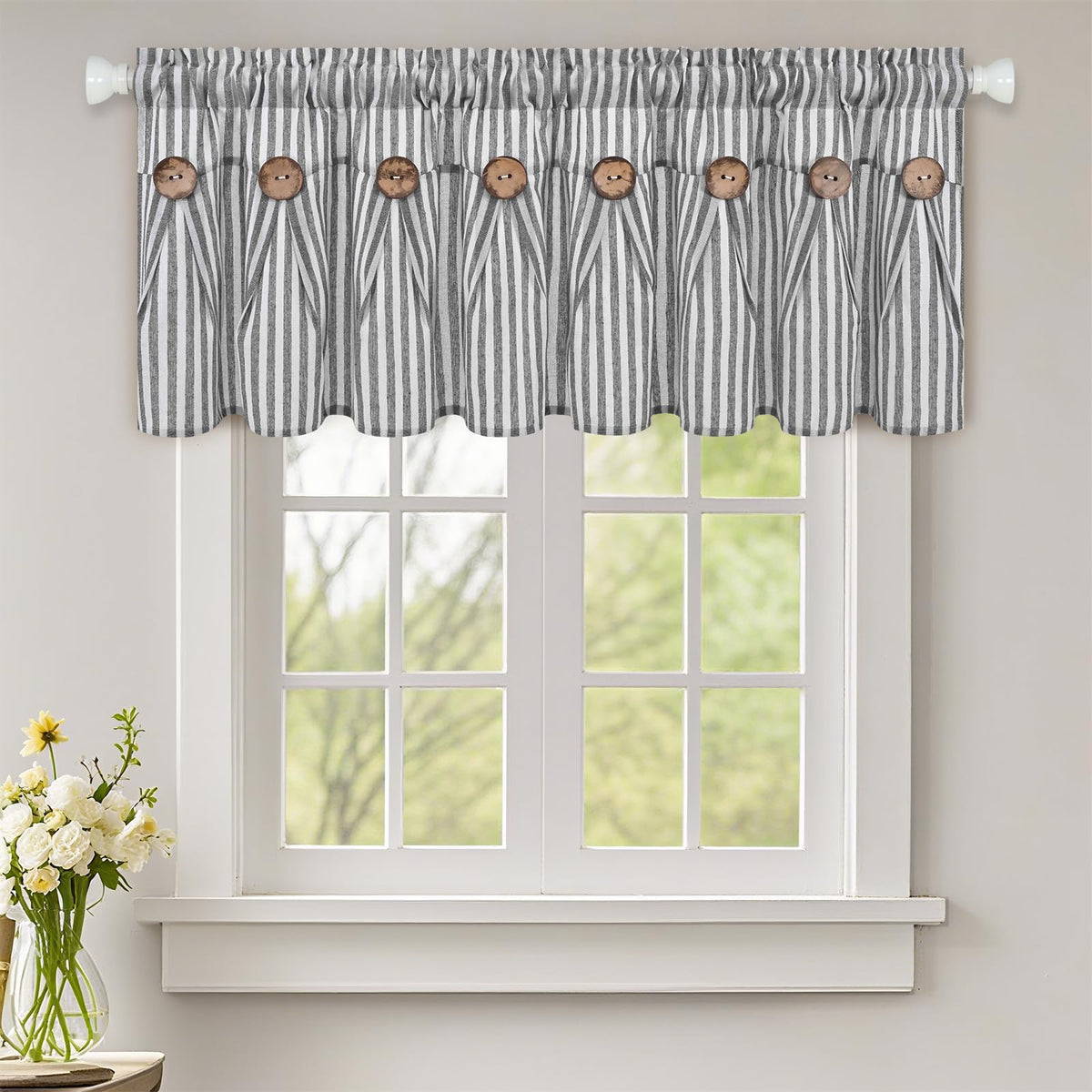 ASPMIZ Cotton Linen Kitchen Valance Curtains, Boho Rustic Button Linen Valances for Windows Farmhouse, Black with Grey Stripe Valance Window Topper Treatment Window Valances for Bathroom, 52 x 18 Inch