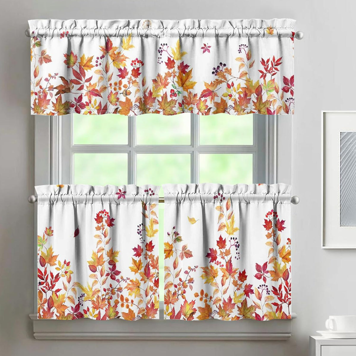 Sage Kitchen Curtain Valance 3 Piece Set, Sage Leaf Floral Kitchen Decor for Home Interior, Farmhouse Style Sink Window Curtains 36 Inch