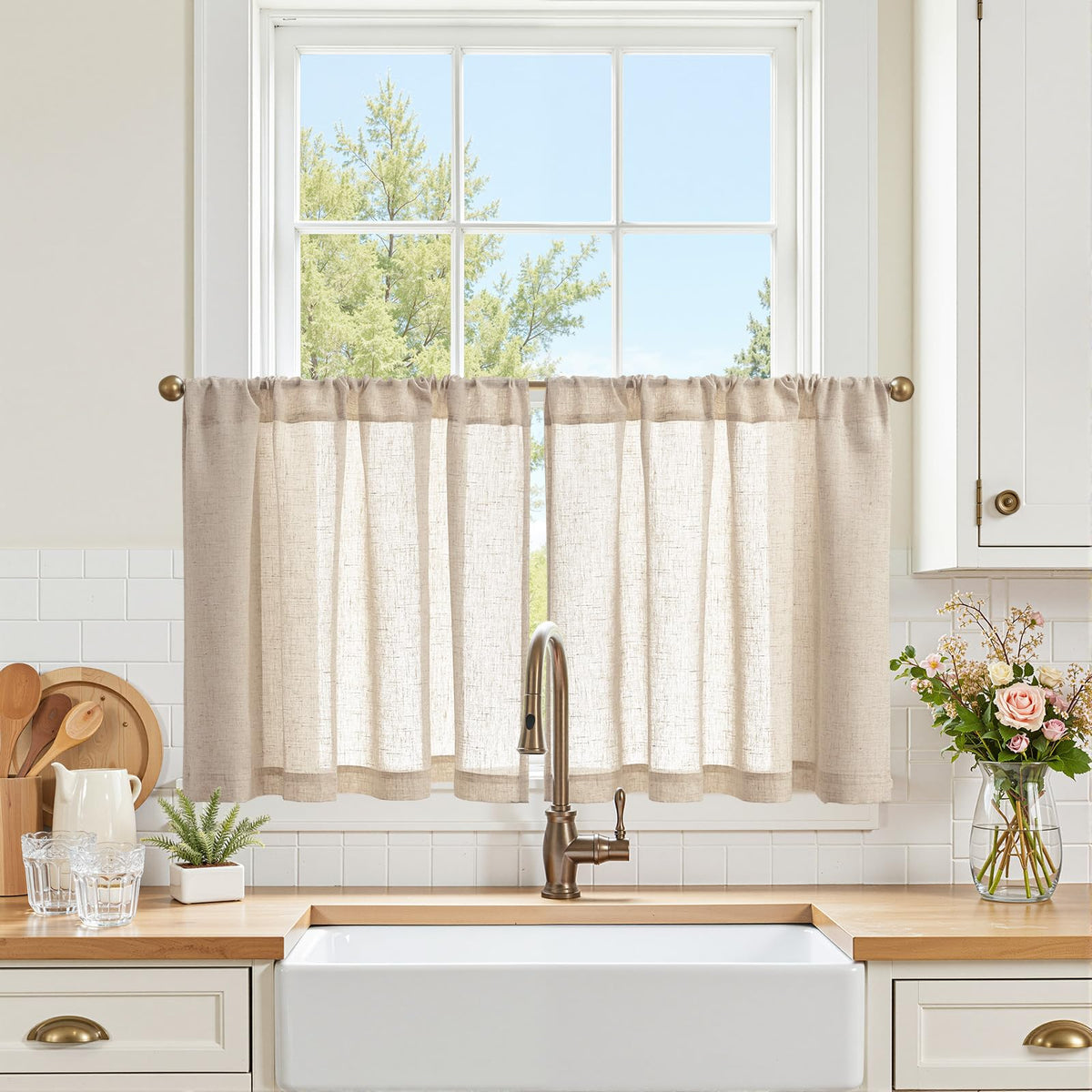jinchan Linen Pinch Pleated Back Tab Tier Curtains, 26x36, Natural
