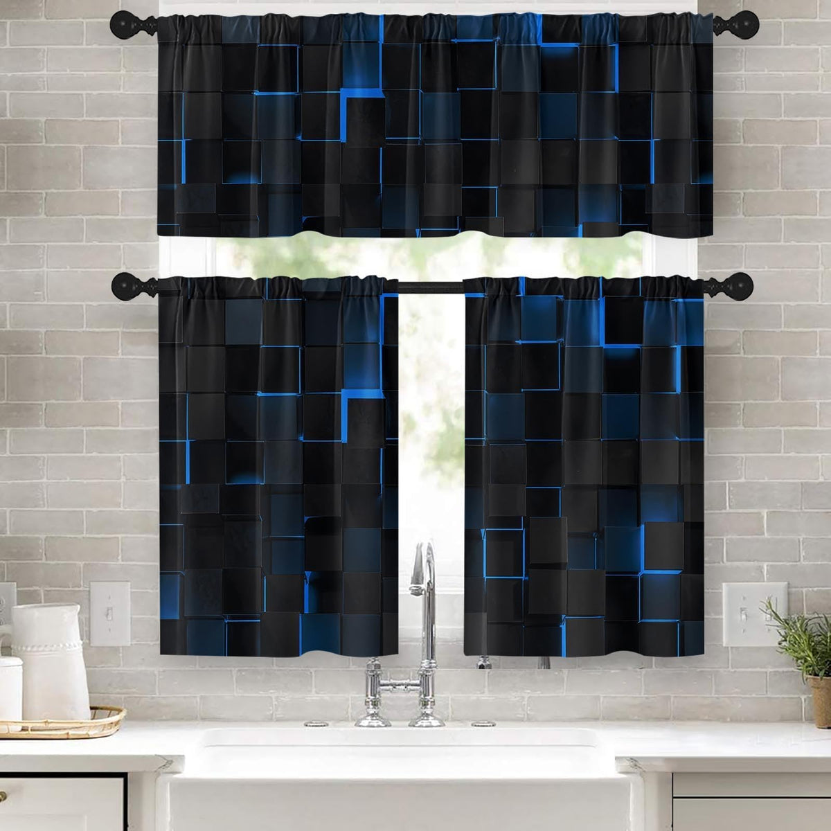 Kitchen Curtains Sets for Windows 52x36 Inch 3 Pack, Geometric