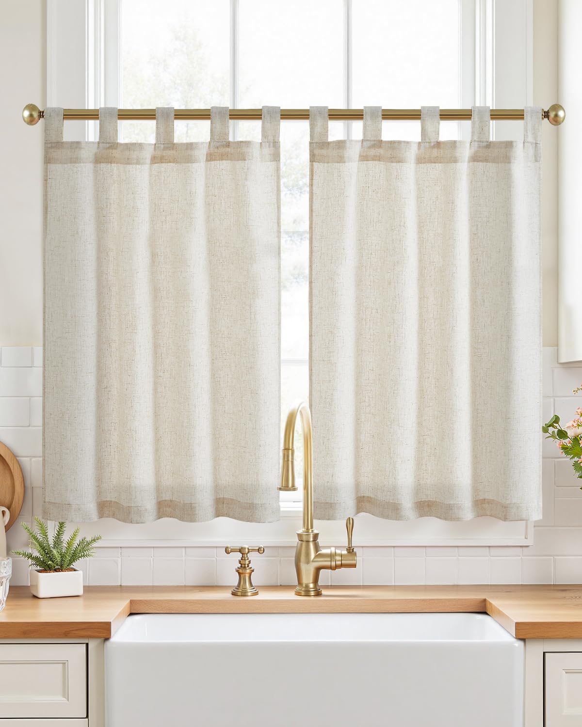 jinchan Linen Pinch Pleated Back Tab Tier Curtains, 26x36, Natural