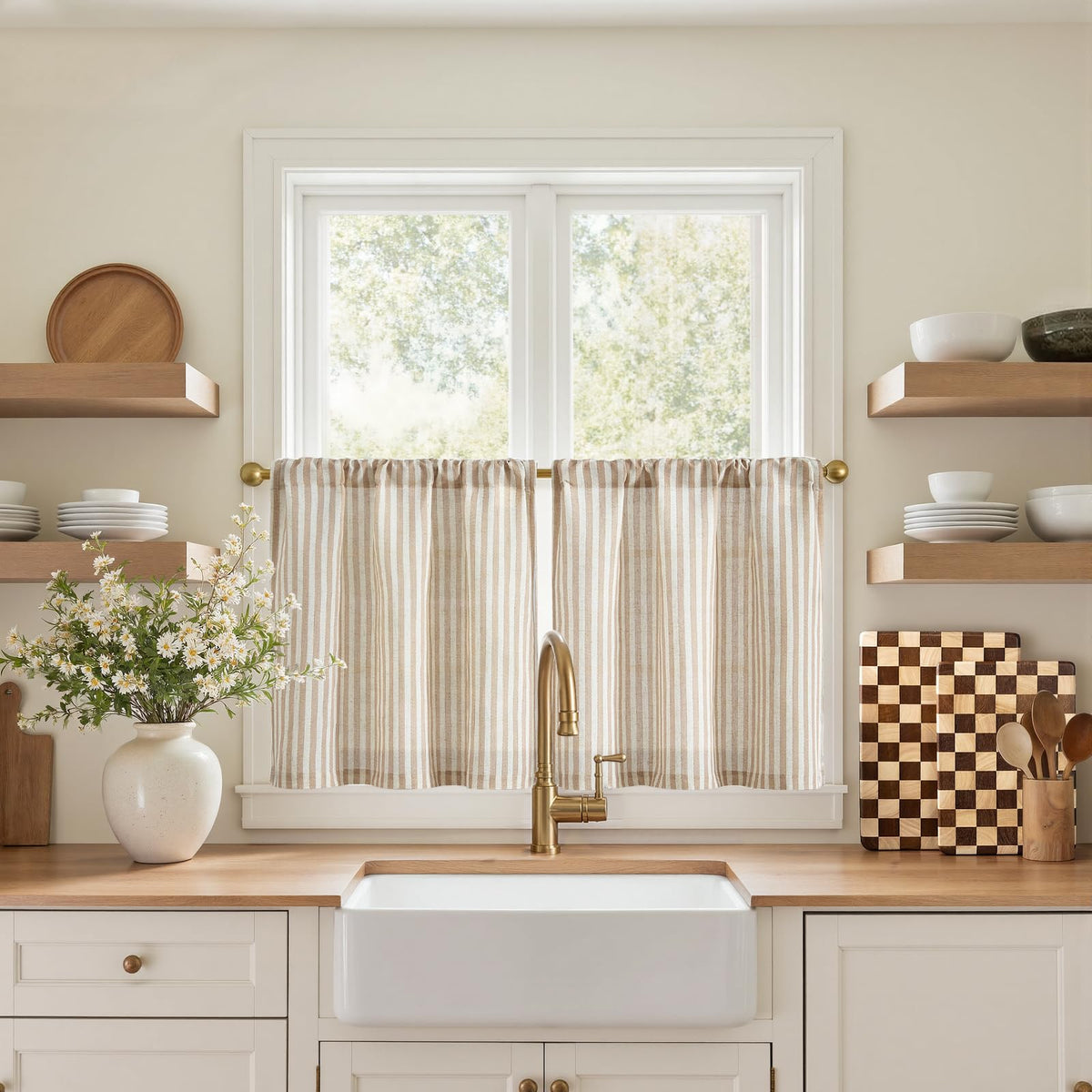 jinchan Striped Linen Kitchen Tier Curtains, 30 Inch, Sage Green, 2 Panels