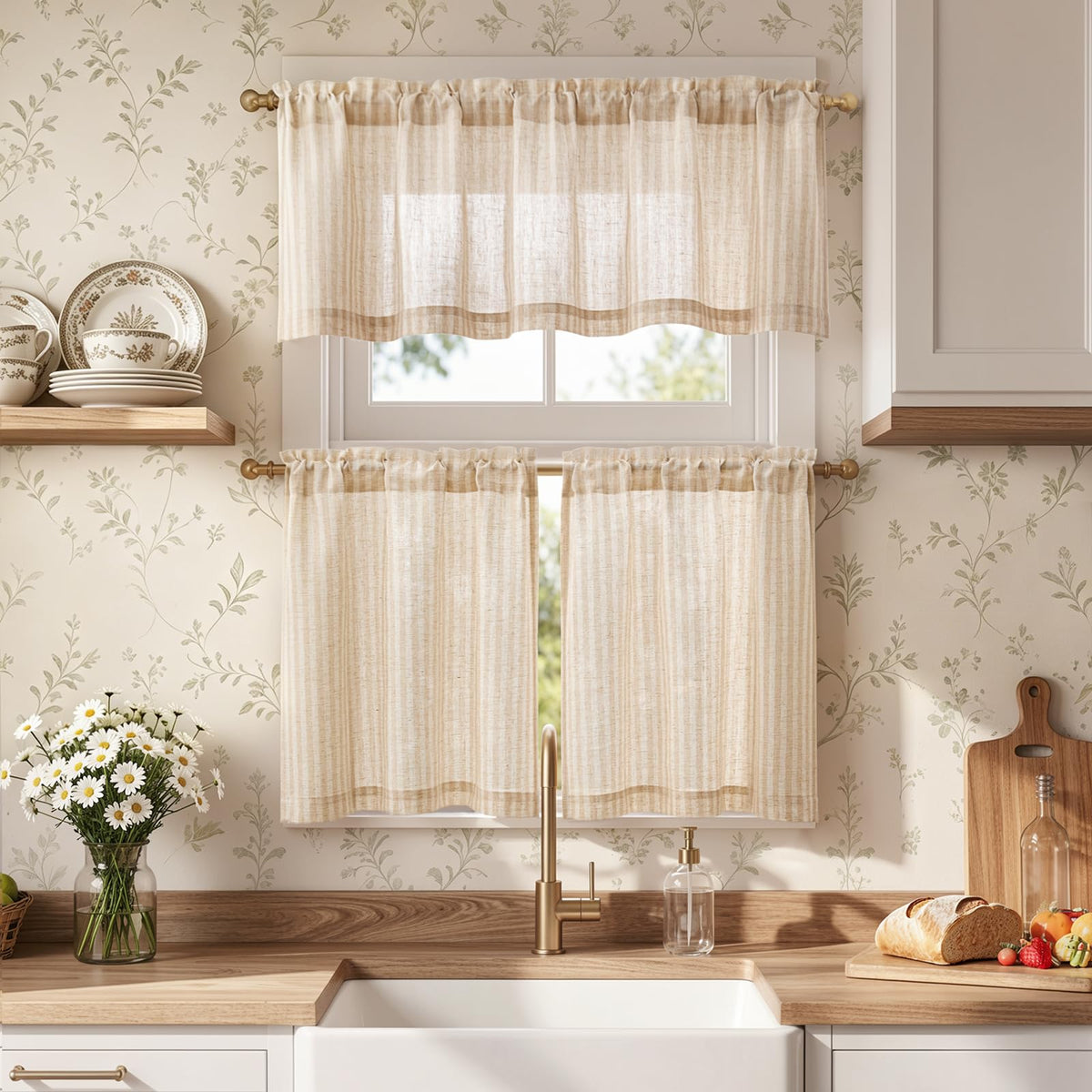 jinchan Sage Green Linen Kitchen Curtains and Valance Set Rod Pocket