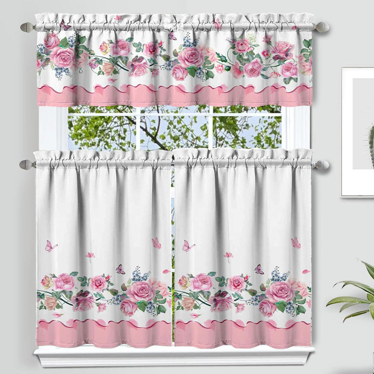 Sage Kitchen Curtain Valance 3 Piece Set, Sage Leaf Floral Kitchen Decor for Home Interior, Farmhouse Style Sink Window Curtains 36 Inch