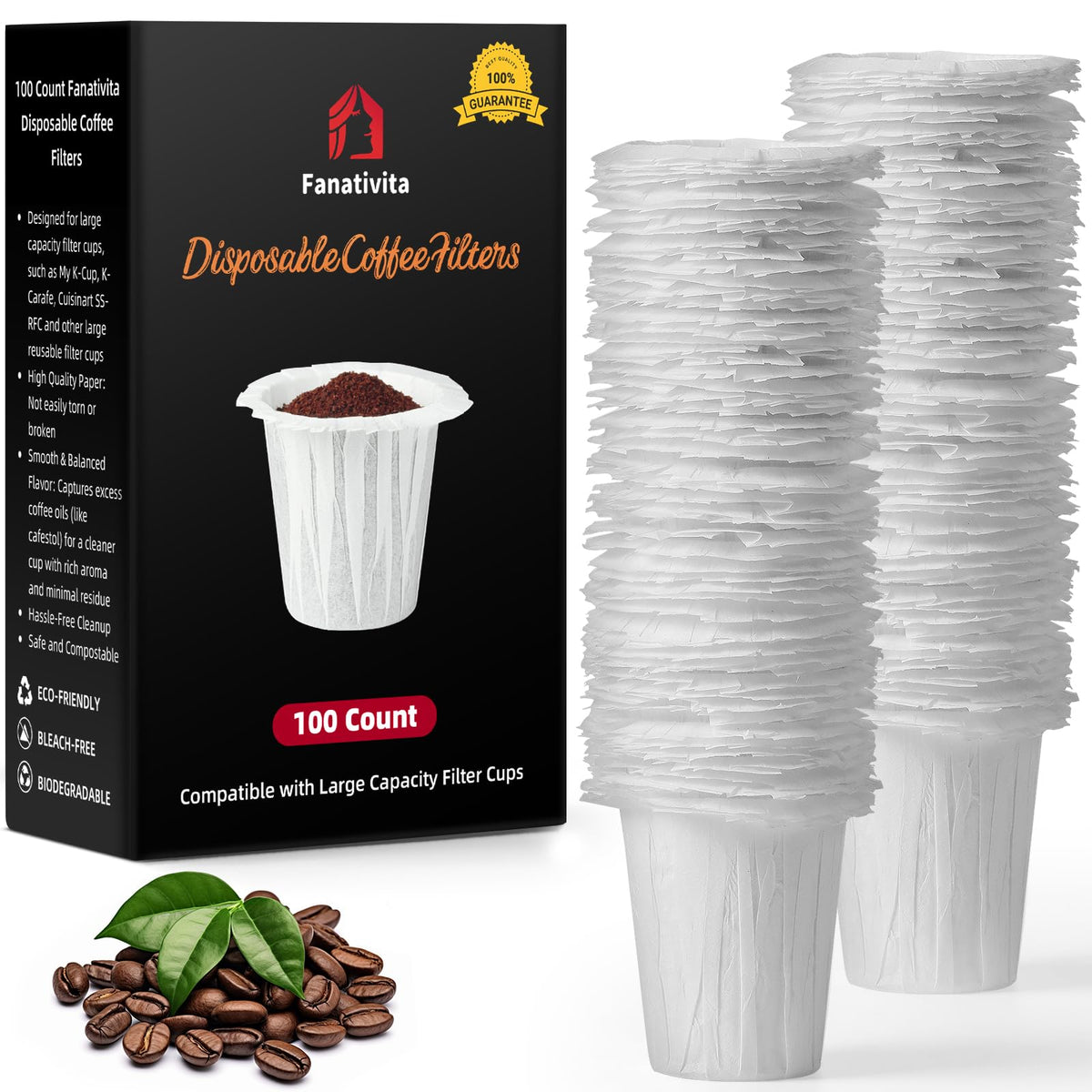 Fanativita 100ct Large Disposable Coffee Filter Cups (2.1 in H), Unbleached