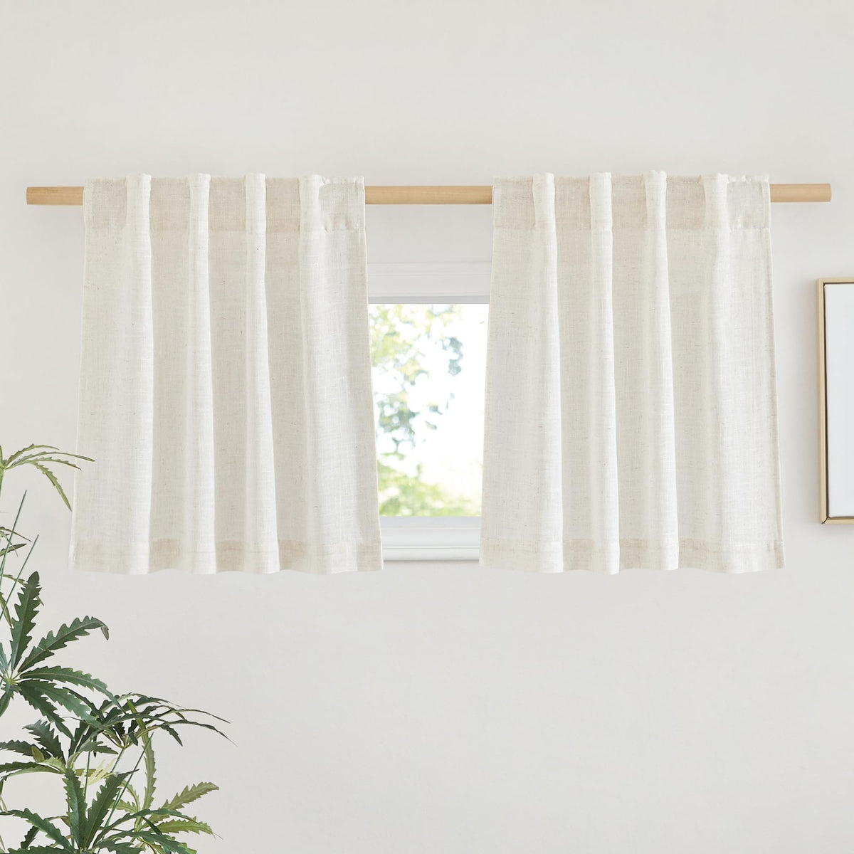 NICETOWN Natural Linen Kitchen Curtains 26 inches Long, Rod Pocket & Back Tab Semi Sheer Flax Window Treatments Rustic & Cute for Cafe/Kids Room, W37 x L26, 2 Panels