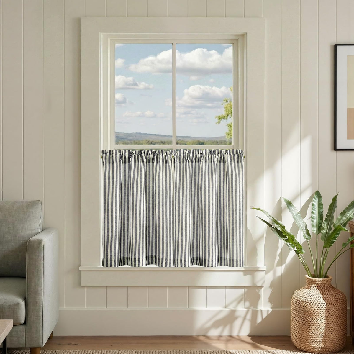 jinchan Striped Linen Kitchen Tier Curtains, 20 Inch, Tan, 2 Panels