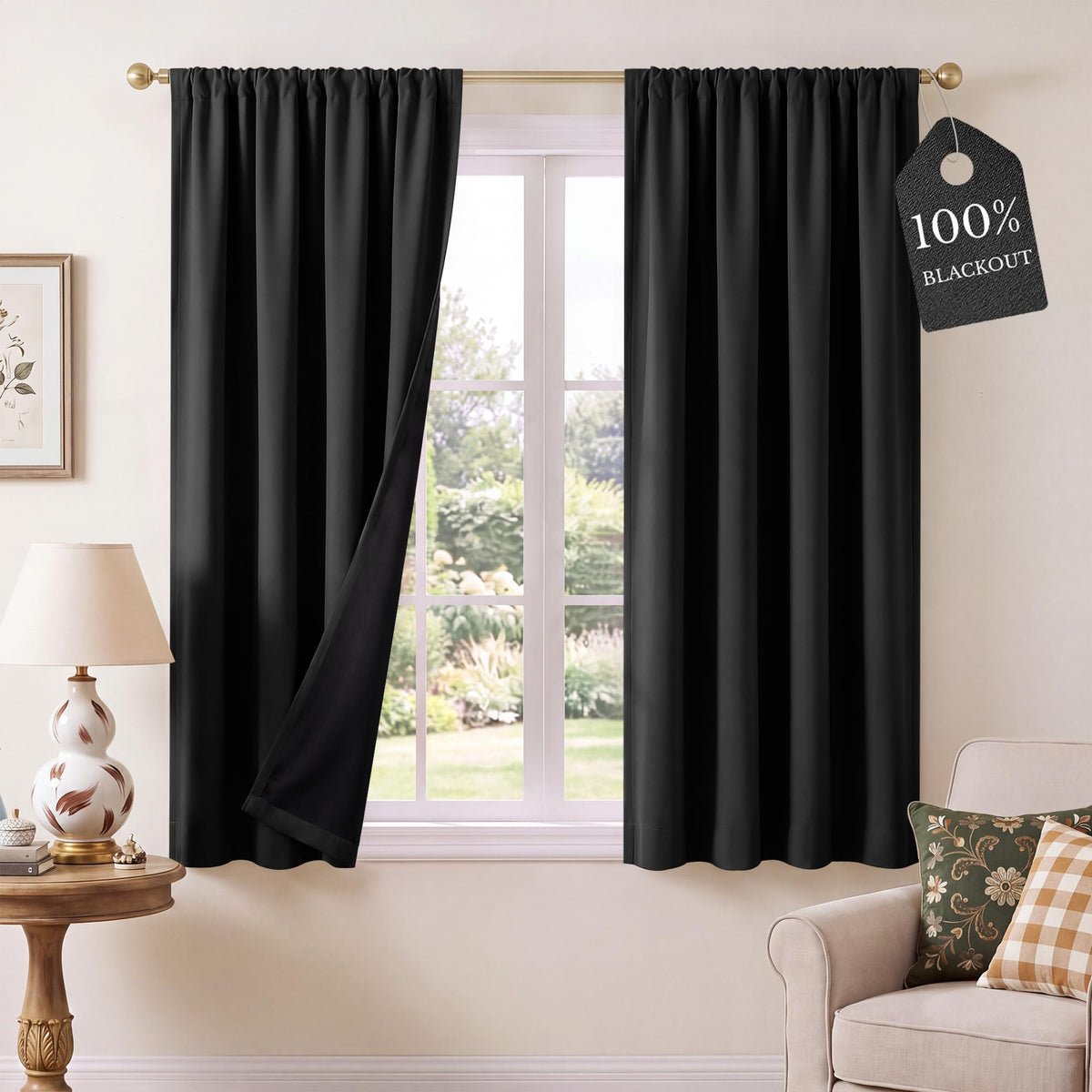 NICETOWN 100% Black Out Kitchen Curtains 36 Inch Length, W52xL36, 2 Panels