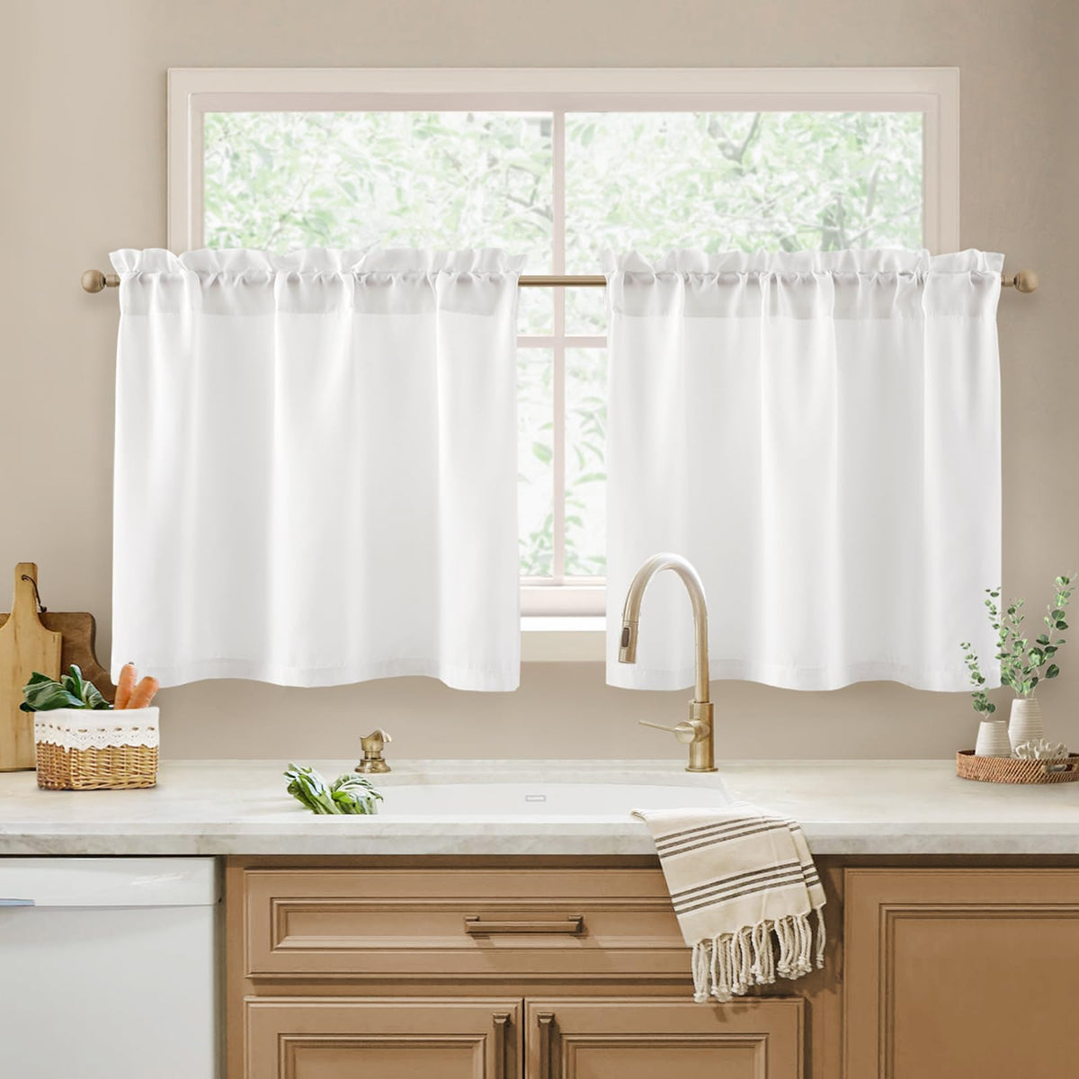 HOMEIDEAS Non-See-Through White Sheer Kitchen Curtains, 30 X 36 Inches Long