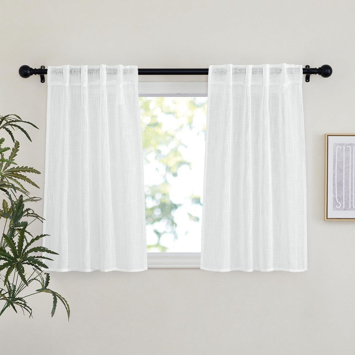 NICETOWN Natural Linen Kitchen Curtains 26 inches Long, Rod Pocket & Back Tab Semi Sheer Flax Window Treatments Rustic & Cute for Cafe/Kids Room, W37 x L26, 2 Panels