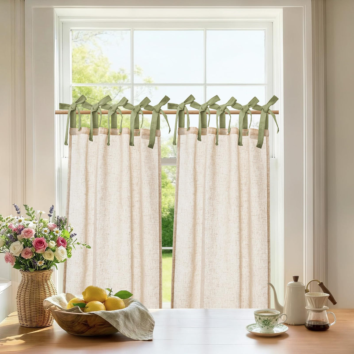jinchan Solid Linen Kitchen Tier Curtains 24 Inches Tie Top 2 Panles Crude