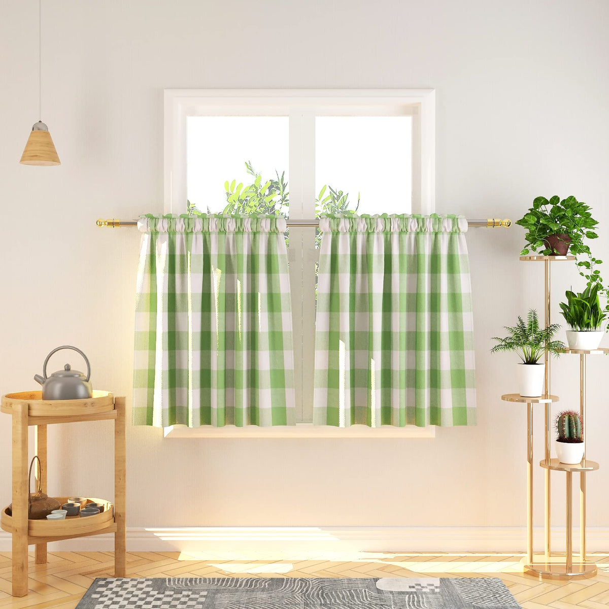 Buffalo Check Kitchen Tier Curtain 24 inches Long Plaid Gingham Rod Pocket Classic Cafe Curtains Country Farmhouse Kitchen Half Window Curtains 2 Panels Beige & White
