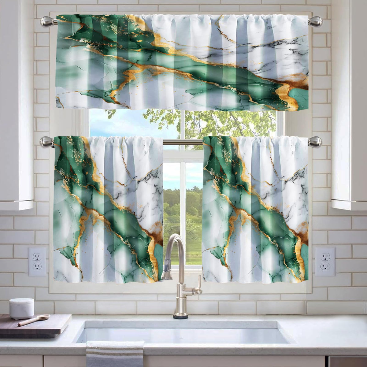 Kitchen Curtains Sets for Windows,52x36 Inch 3 Piece,Green Marble