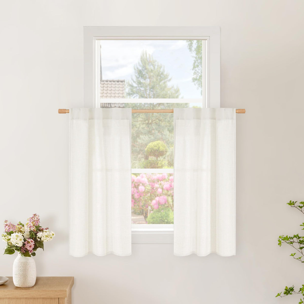 BGment White Linen Kitchen Curtains 40 Inch Length for Short Window