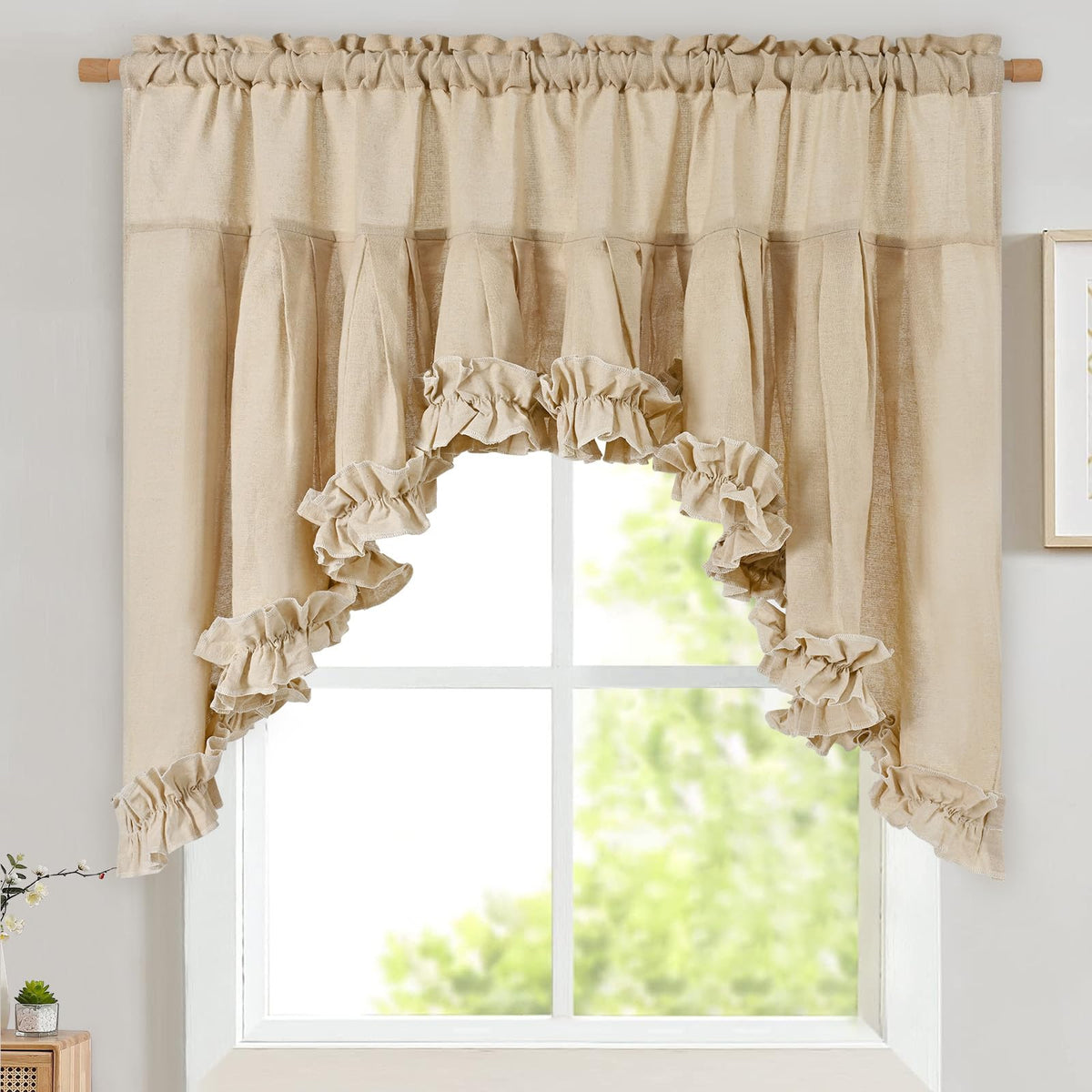 Likiyol Linen Valances for Windows Farmhouse Ruffle Swag Valance Rustic Country Window Valances Light Filtering Kitchen Curtains Rod Pocket Valance Curtains for Bathroom Cafe, Green, 60" W x 36" L