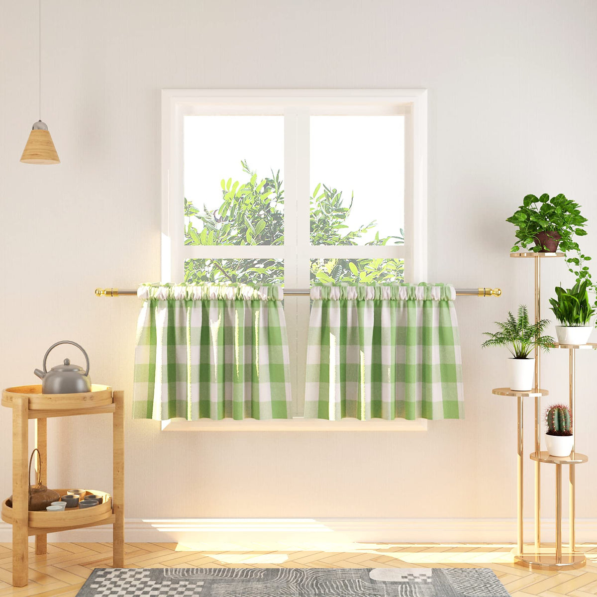 Buffalo Check Kitchen Tier Curtain 24 inches Long Plaid Gingham Rod Pocket Classic Cafe Curtains Country Farmhouse Kitchen Half Window Curtains 2 Panels Beige & White