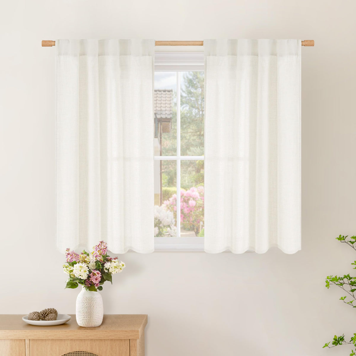 BGment White Linen Kitchen Curtains 40 Inch Length for Short Window