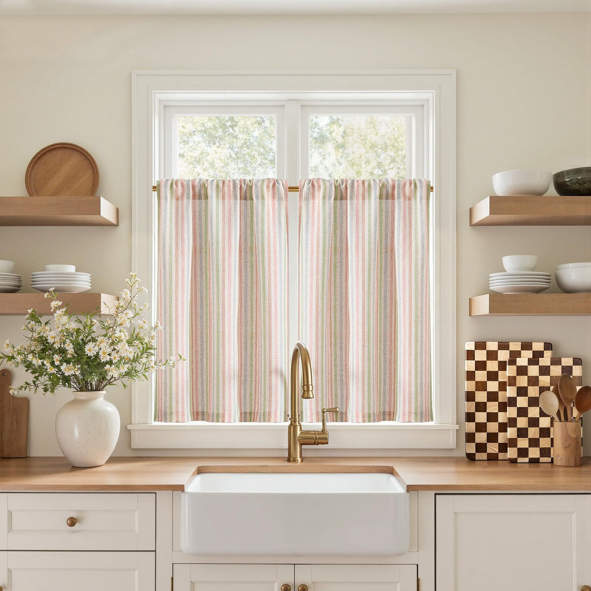 jinchan Striped Linen Kitchen Tier Curtains, 30 Inch, Sage Green, 2 Panels