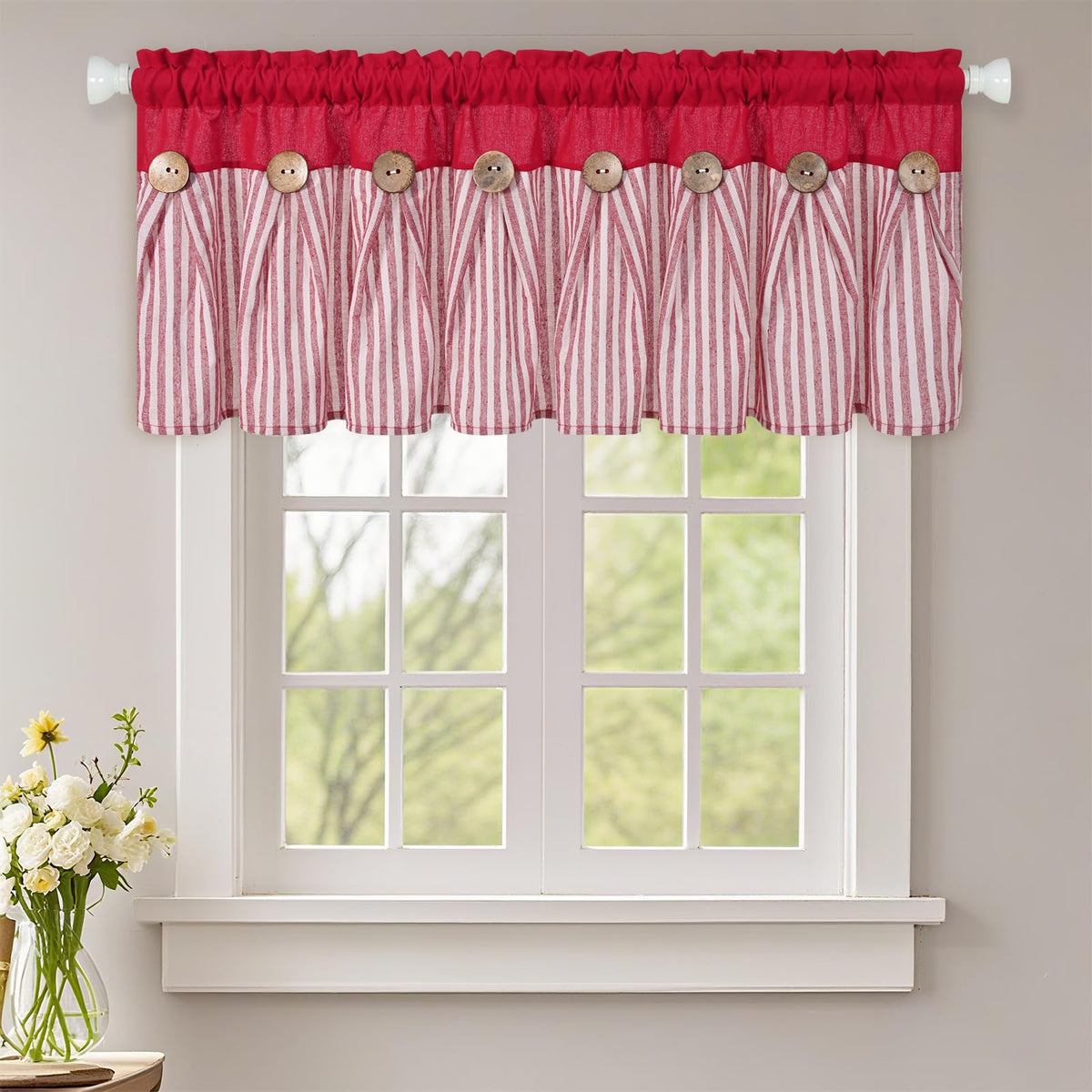 ASPMIZ Cotton Linen Kitchen Valance Curtains, Boho Rustic Button Linen Valances for Windows Farmhouse, Black with Grey Stripe Valance Window Topper Treatment Window Valances for Bathroom, 52 x 18 Inch
