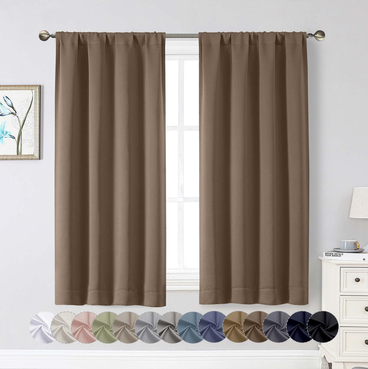 Black Cafe Blackout Curtains 36 Inch Length 2 Panels Set, Soft Solid Thermal Insulated Room Darkening Small Window Curtains for Kitchen Bathroom Basement, Black, Each, 40" Wx36 L