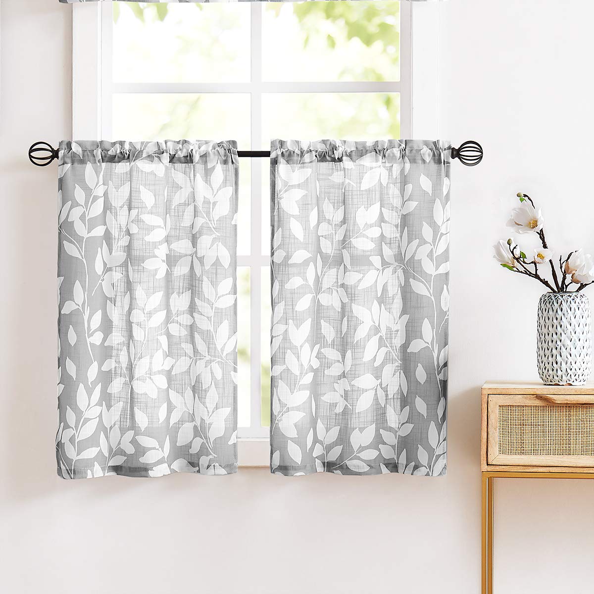 Leaf Kitchen Curtains 36"L Small Tier Window Curtains White Taupe 2pcs