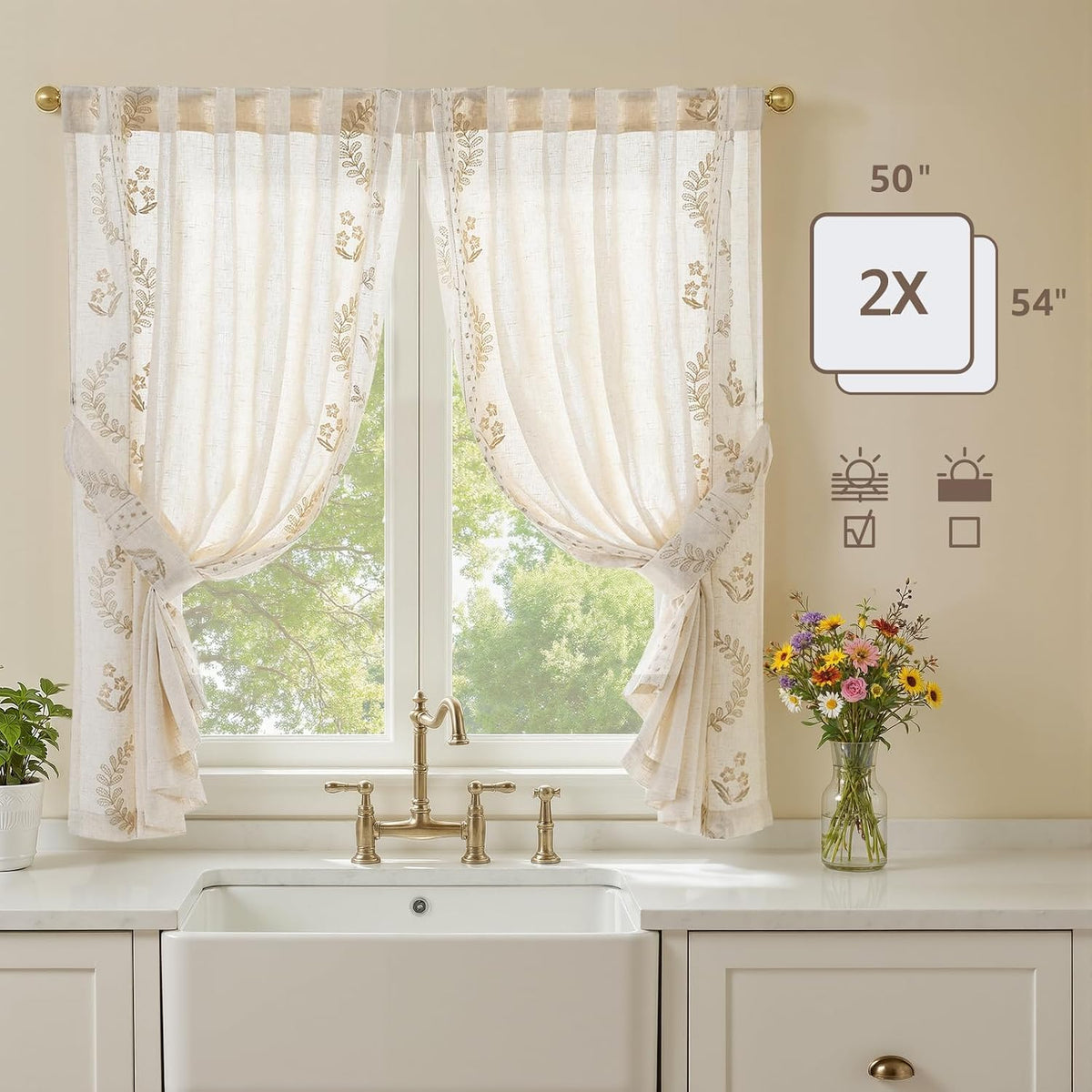 jinchan Beige Floral Linen Kitchen Tier Curtains 50x54 Inch 2 Panels