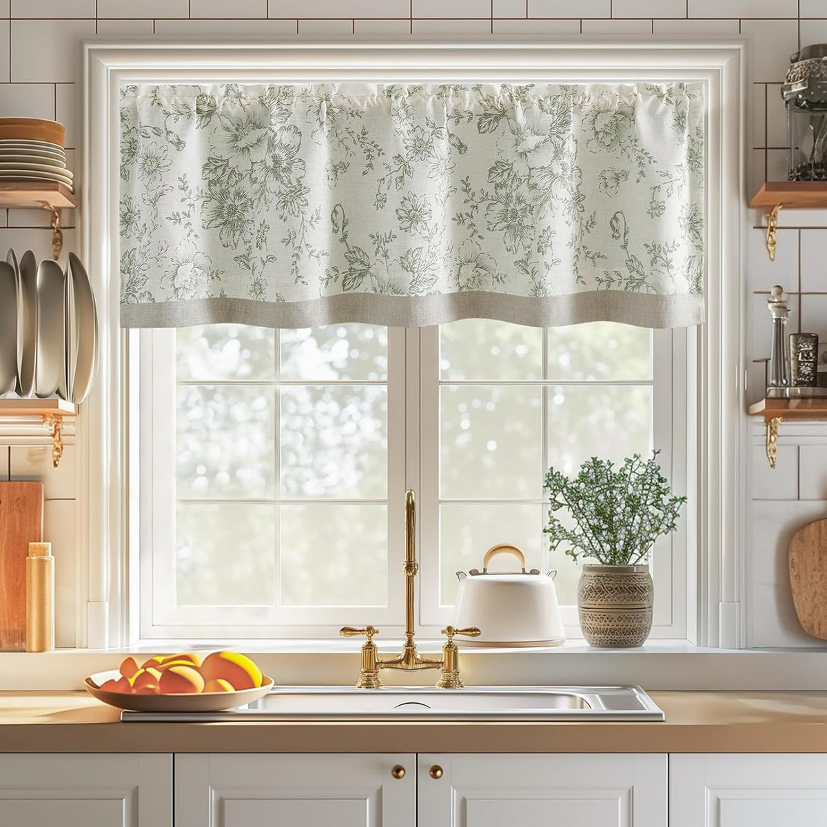 jinchan Floral Linen Kitchen Valance Curtain, 50x18, 1 Panel, Green