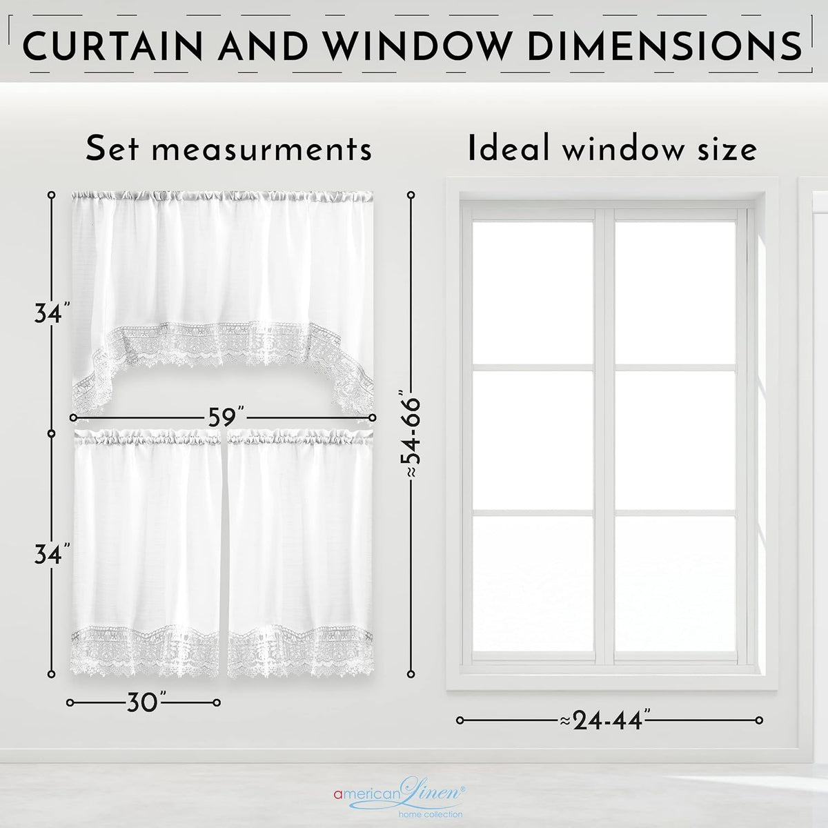 American Linen 3-Piece Kitchen Café Curtains with Embroidered Lace (White)