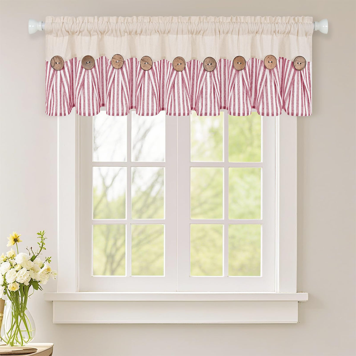 ASPMIZ Cotton Linen Kitchen Valance Curtains, Boho Rustic Button Linen Valances for Windows Farmhouse, Black with Grey Stripe Valance Window Topper Treatment Window Valances for Bathroom, 52 x 18 Inch