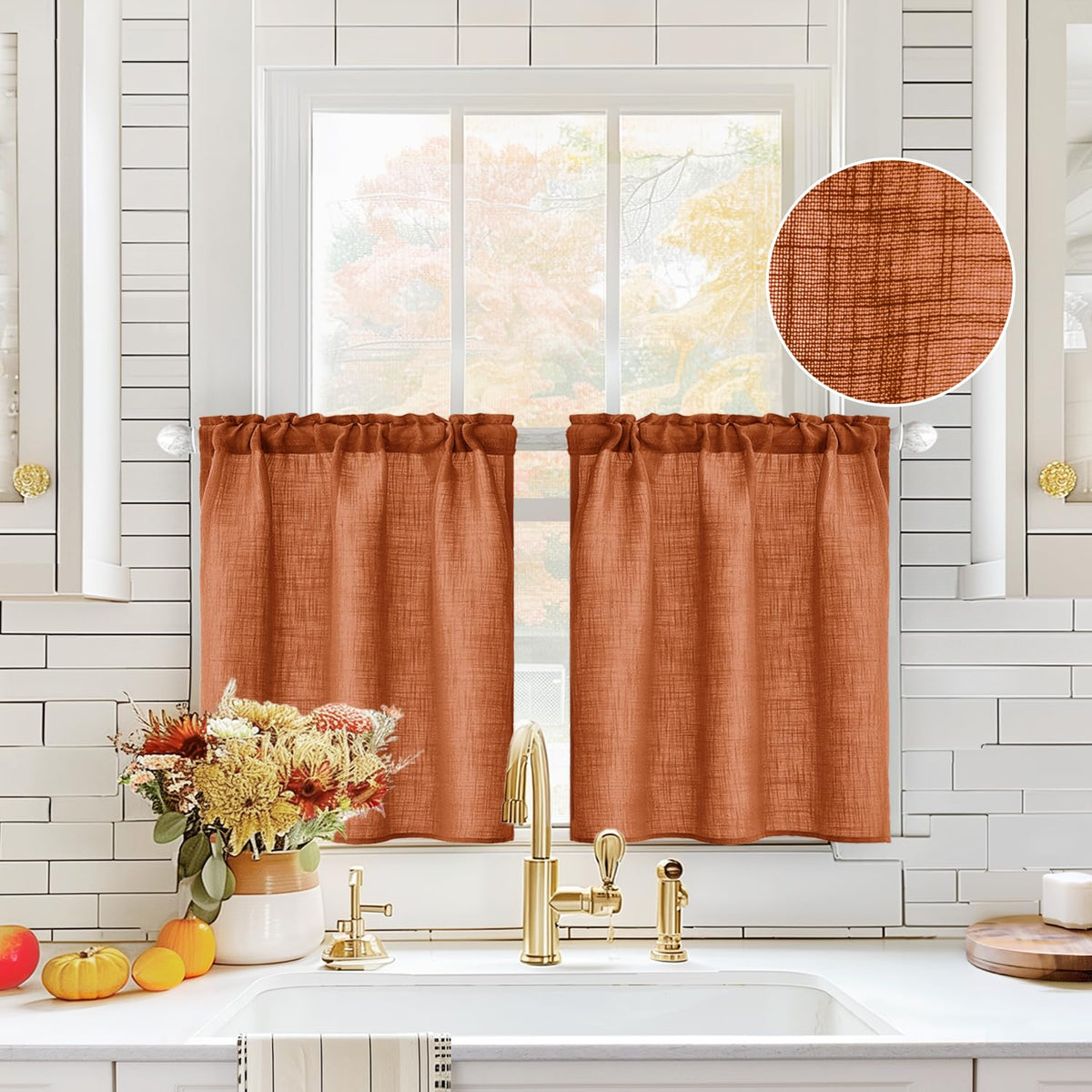 MIULEE Spring Linen Textured Kitchen Window Curtains over Sink 24 Inch Length Semi Sheer Farmhouse Small Curtains for Cafe Bathroom Basement, Short Rod Pocket Tier Curtains 2 Panels W26XL24 Sage Green