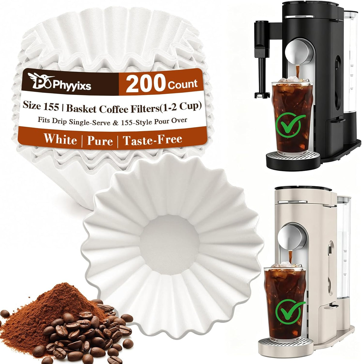 200 Count 1-2 Cup Small Coffee Filters, Disposable White Basket Paper Filters Compatible with 155 Size Pour Over Drippers & Single Serve Coffee Makers