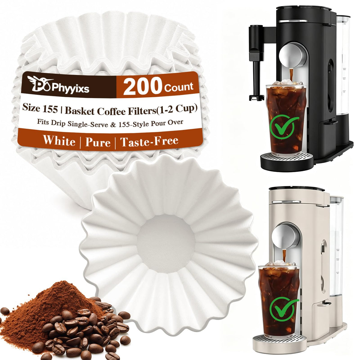 200 Count 1-2 Cup Small Coffee Filters, Disposable White Basket Paper Filters Compatible with 155 Size Pour Over Drippers & Single Serve Coffee Makers