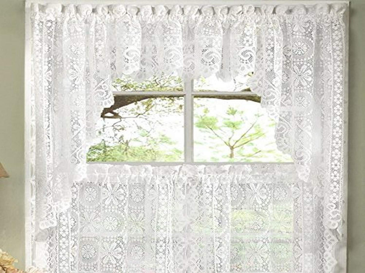Sweet Home Collection Old World Style Floral Heavy Lace Kitchen Curtain Swag pair Hopewell Cream