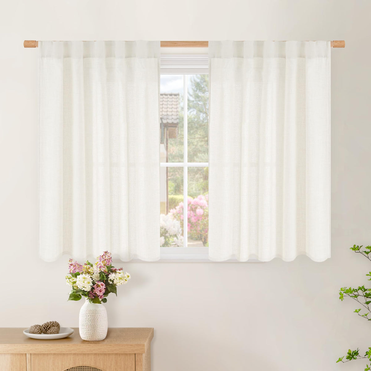 BGment White Linen Kitchen Curtains 40 Inch Length for Short Window