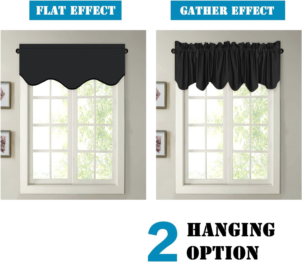 H.VERSAILTEX 2 Panels Blackout Curtain Valances for Kitchen Windows/Living Room/Bathroom Privacy Protection Rod Pocket Decoration Scalloped Window Valance Curtains, 52" W x 18" L, Black