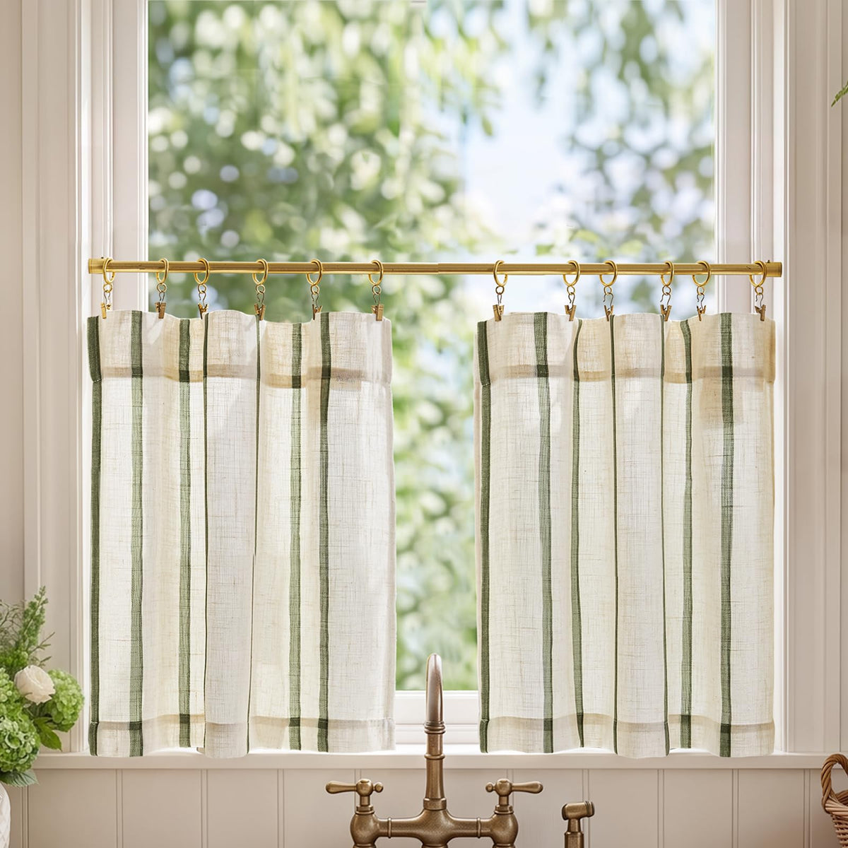 jinchan Linen Striped Tier Curtains for Kitchen Windows Farmhouse