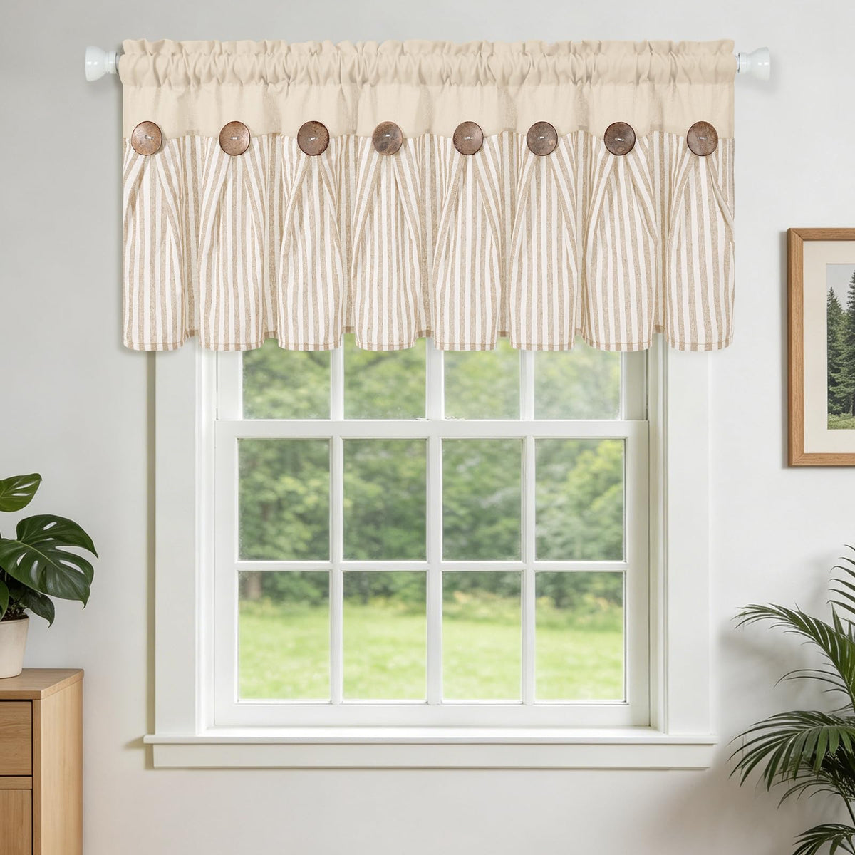 BLEUM CADE Farmhouse Kitchen Curtains 36 Inch, Cotton Linen Cafe Curtains with Rustic Buttons, Boho Small Window Curtains for Bathroom, Green Stripe Half Window Drapes Over Sink, 2 Panels