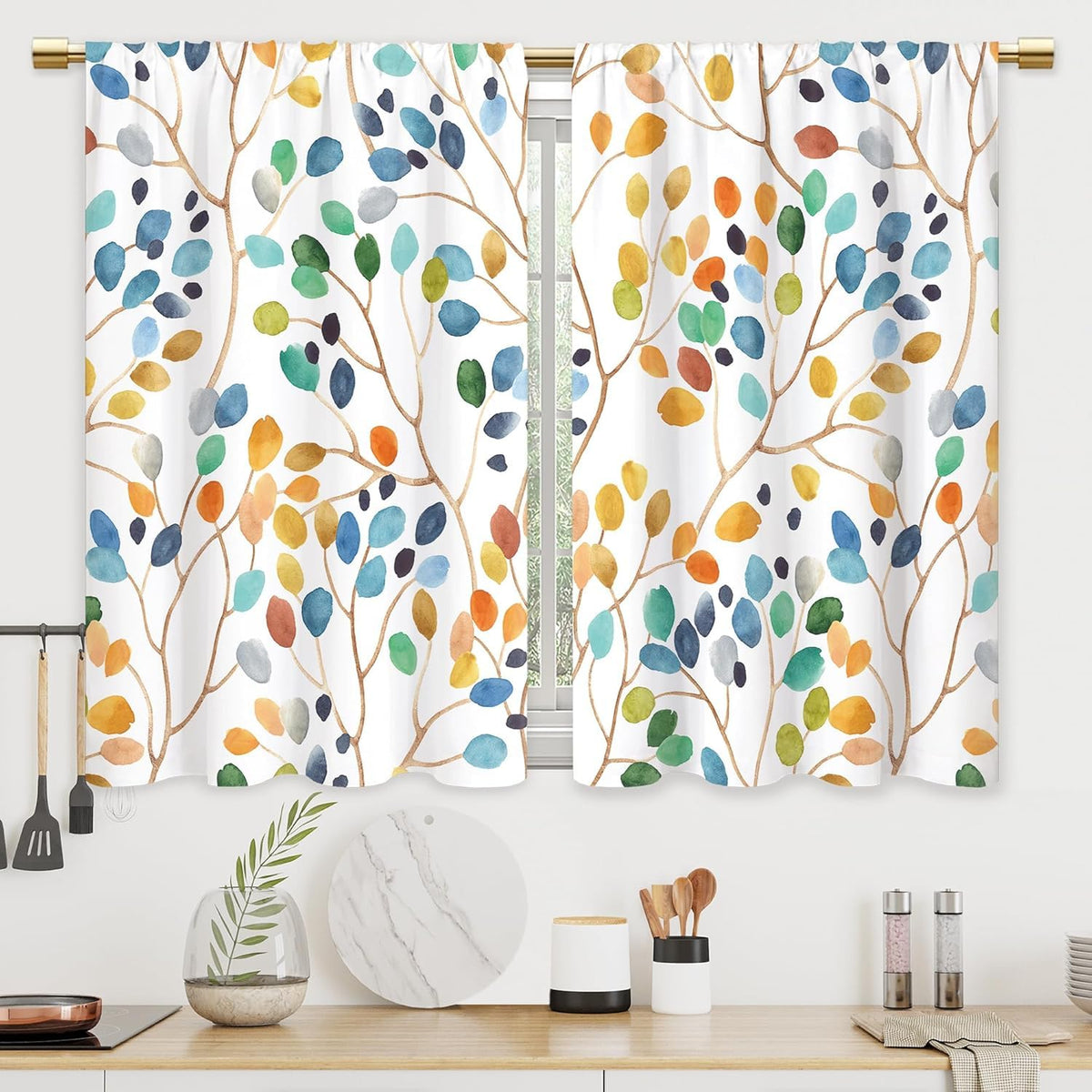 Colorful Leaves Kitchen Curtains Boho Botanical Bathroom Curtains Window Treatment Drapes Tier Flower Floral Cafe Small Bedroom Short French Door Curtains Rod Pocket 2 Panels 27.5x39 Inch