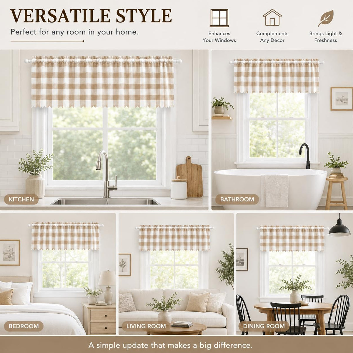 Beda Home Buffalo Check Swag Valance for Kitchen, Coffee/White, 52 x 18 in