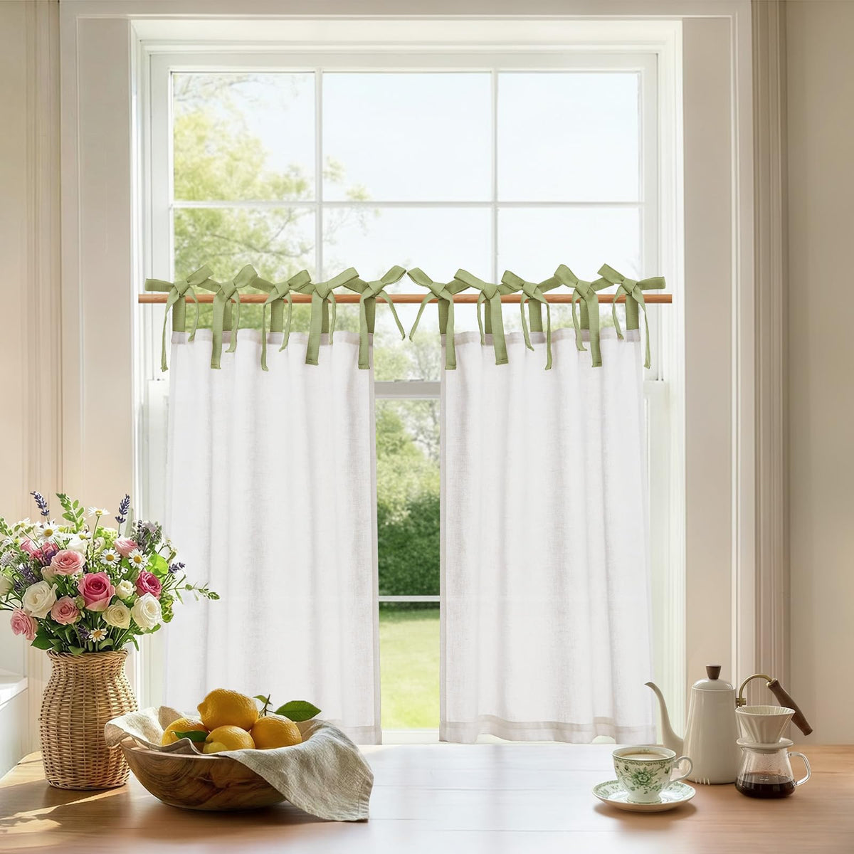 jinchan Solid Linen Kitchen Tier Curtains 24 Inches Tie Top 2 Panles Crude