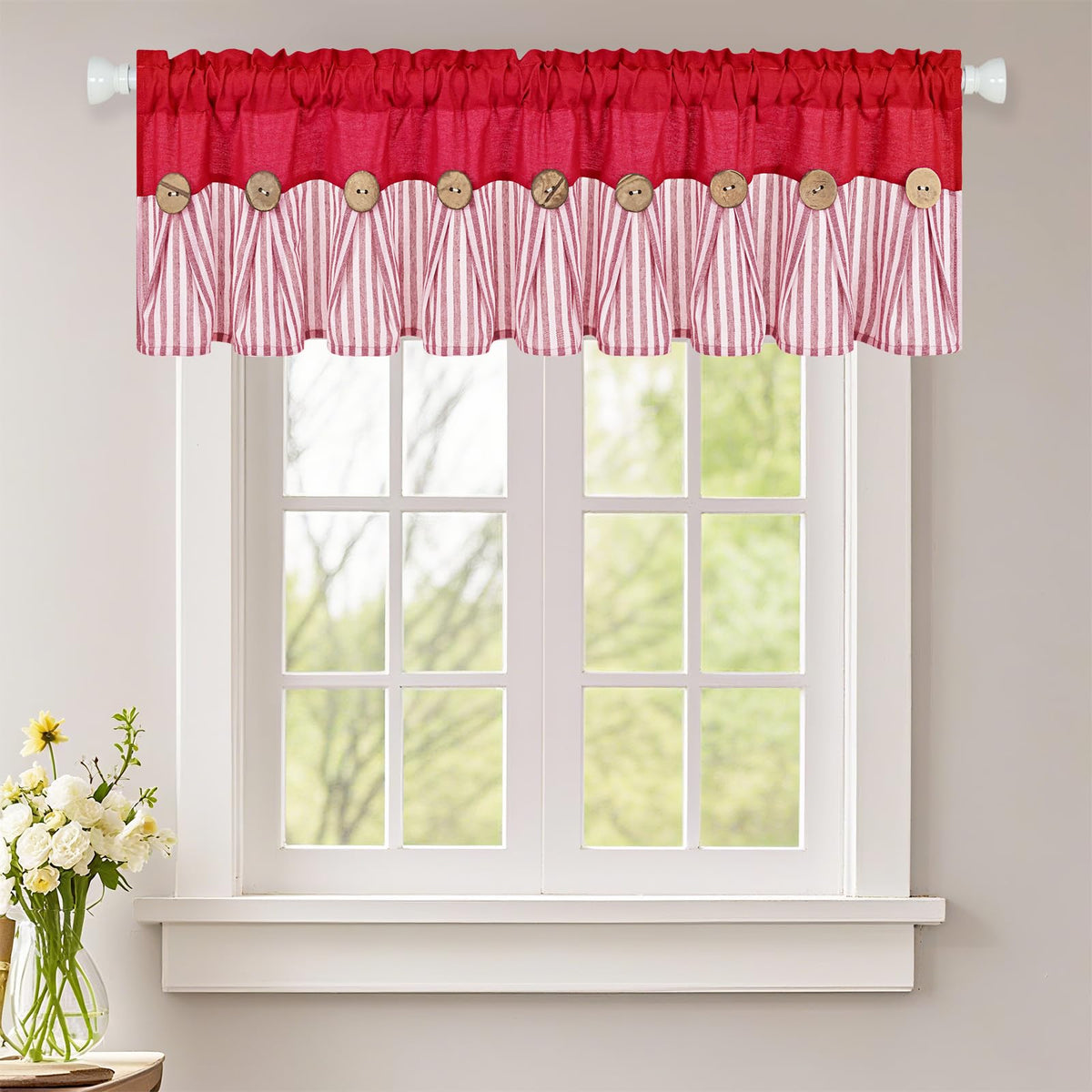 ASPMIZ Cotton Linen Kitchen Valance Curtains, Boho Rustic Button Linen Valances for Windows Farmhouse, Black with Grey Stripe Valance Window Topper Treatment Window Valances for Bathroom, 52 x 18 Inch
