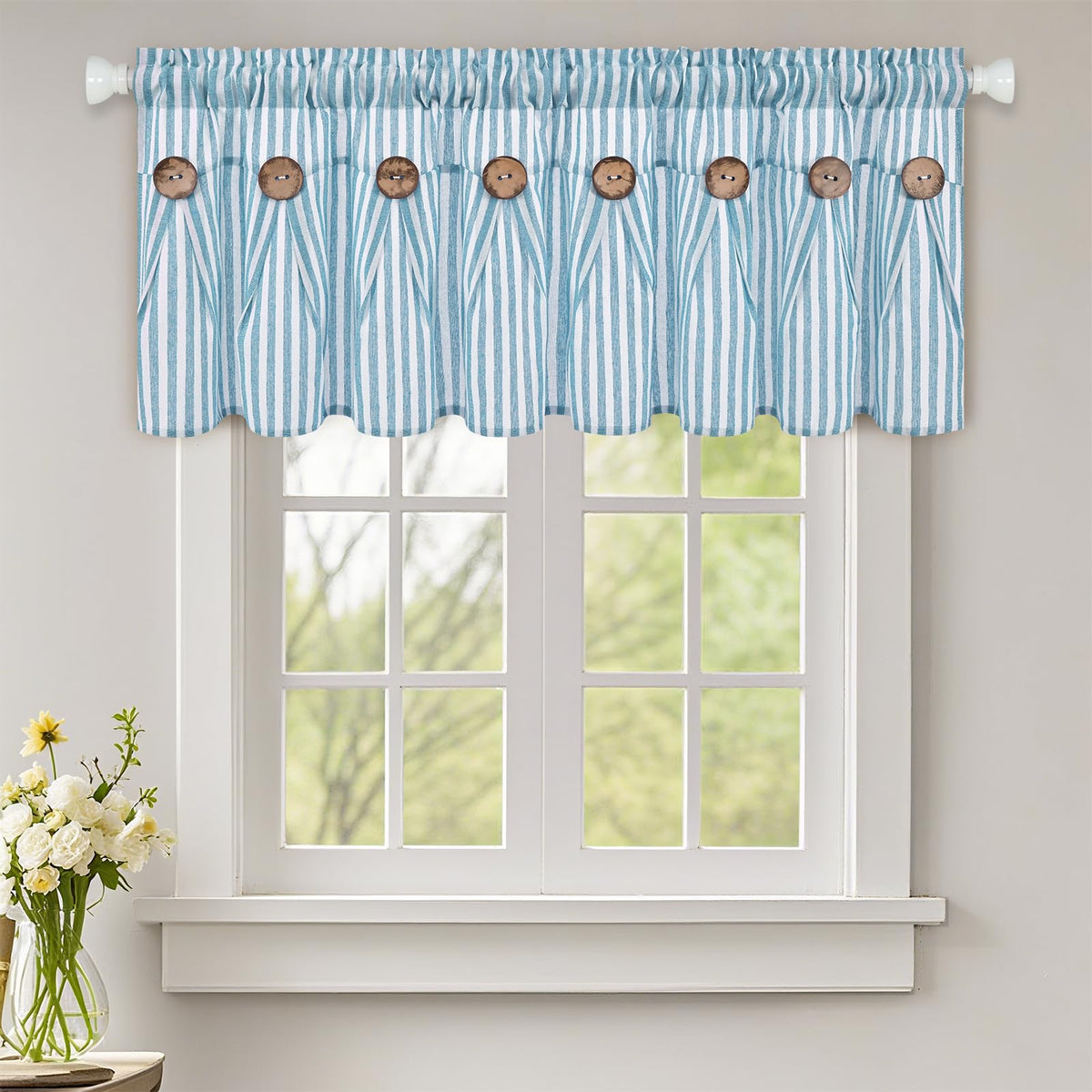 ASPMIZ Cotton Linen Kitchen Valance Curtains, Boho Rustic Button Linen Valances for Windows Farmhouse, Black with Grey Stripe Valance Window Topper Treatment Window Valances for Bathroom, 52 x 18 Inch
